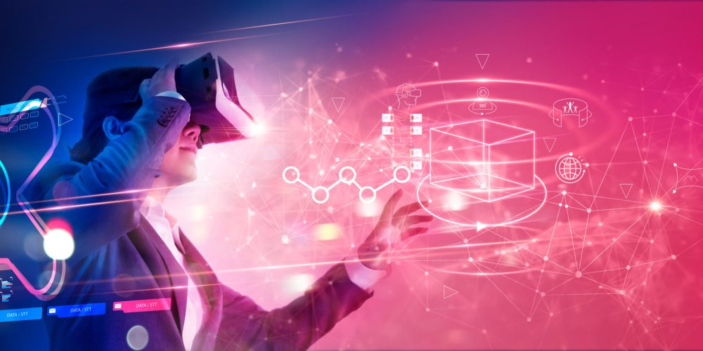 Metaverse Technology concept. Businessman use VR virtual reality goggle and experiences of metaverse virtual world for business future. Visualization, Virtual augmented reality on social network