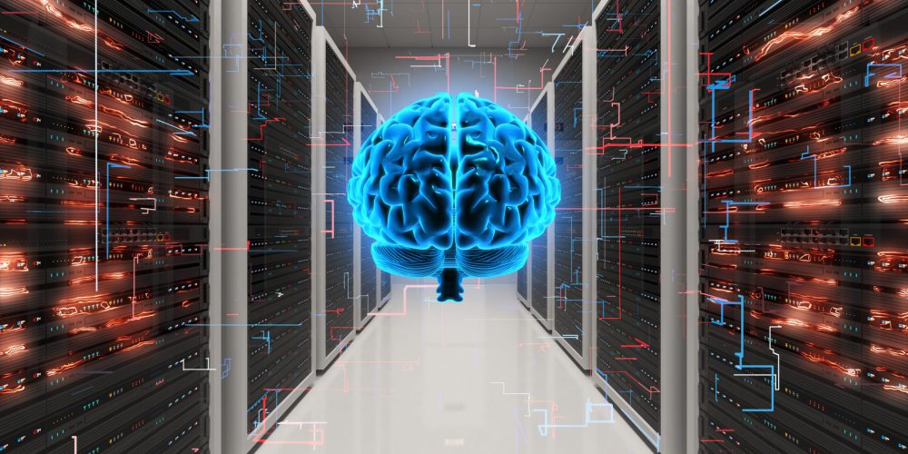 Server room in modern data center. Electrical signals flowing in high speed. Artificial intelligence powered computers.